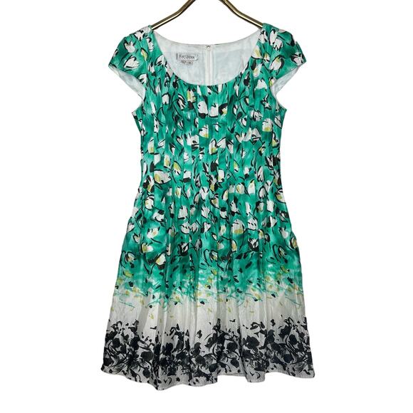 Kay Unger Green Silk Cotton Blend Floral Fit Flare Scoop Neck Dress Size 12 - Picture 1 of 13